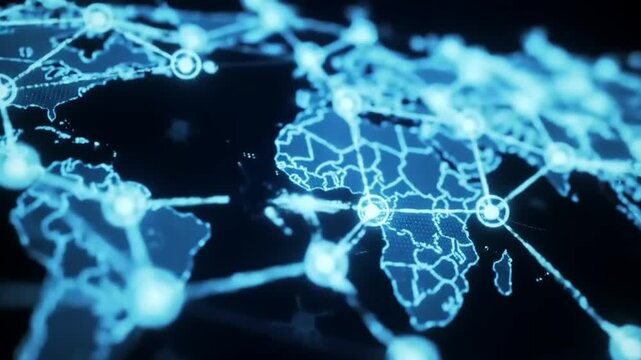 Abstract digital world map connection network blue glow tech