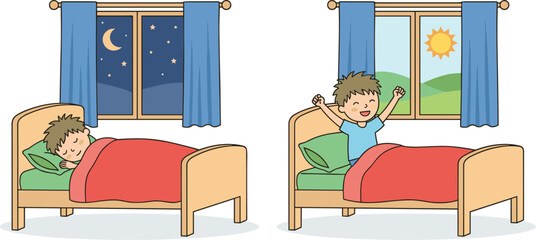 Obraz premium Educational vector illustration of a cute cartoon boy sleeping at night with moon and waking up happy in the sunny morning.
