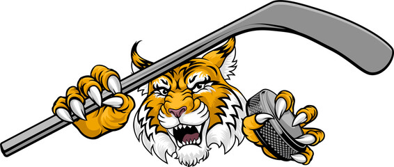 A wildcat or bobcat ice hockey team cartoon animal sports mascot