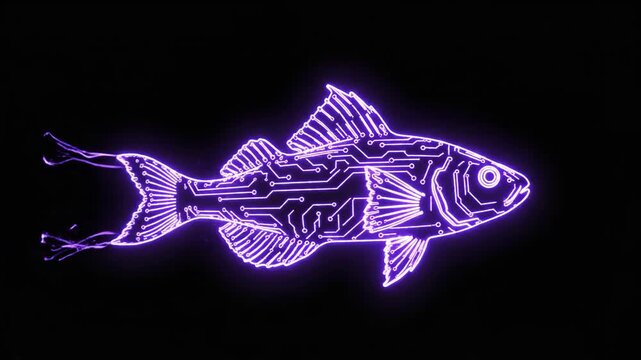 A neon goby fish illustration glowing in the dark with intricate designs and patterns on its body viewed from the side