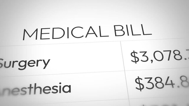 Medical BIll and expenses showing surgery, anesthesia charges with numbers running close up 4k animation. Health, hospital, doctor
