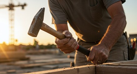 Construction worker’s hands gripping a sledgehammer, a tool for heavy-duty manual labor.Concept of manual labor and construction tools.