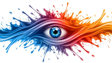 A vibrant eye bursts with colorful paint splashes in blue and orange hues forming swirling abstract shapes around it