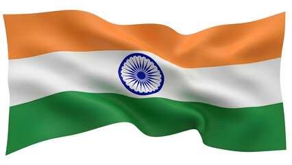 A digitally rendered image of the Indian flag waving in the wind against a white background featuring the saffron white and green stripes with the navy blue Ashok Chakra in the center