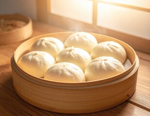 Delicate steamed buns resting quietly with subtle shadows beneath and soft luminous highlights shaping their smooth gentle rounded forms
