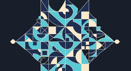 Geometric Abstract Mosaic Pattern in Blue and Beige Tones