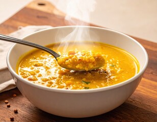 Aromatic lentil dal resting quietly with subtle steam drifting upward while golden hues shimmer softly across its calm nourishing surface