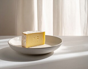 Minimal cheese wedge arranged in tranquil lighting where gentle shadows and rich detailed textures form a peaceful refined atmosphere