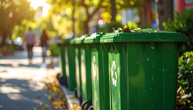 Row of green recycling bins lined up on a sidewalk with autumn leaves scattered around