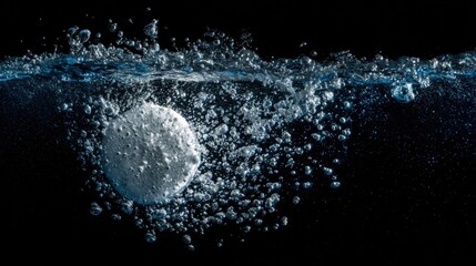A tablet drops into a container of water, creating a splash. Bubbles rise quickly as the tablet dissolves, making waves and stirring the water. Dark background highlights the action