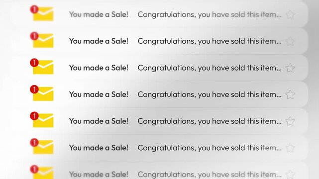 Multiple sale notification scrolling in the email list 4k animation.