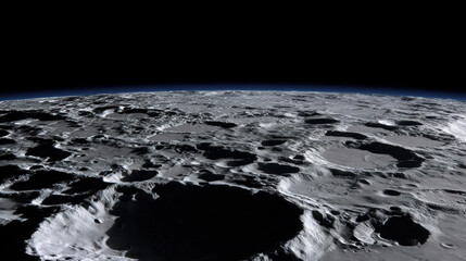 Lunar surface with shadows for planetary science shows cratered terrain under space sky
