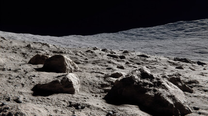 Lunar surface with shadows cast by rocks for planetary science exploration under dark sky background