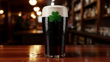 Pint of Dark Beer with Shamrock on Bar 