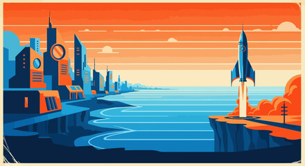 Retro Rocket Launching from Futuristic City Coastline at Sunset