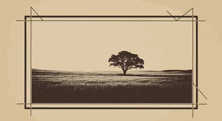 Silhouette of a lone tree in a grassy field, framed by vintage borders