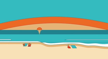 Stylized Beach Sunset with Ocean Waves and Beach Towels