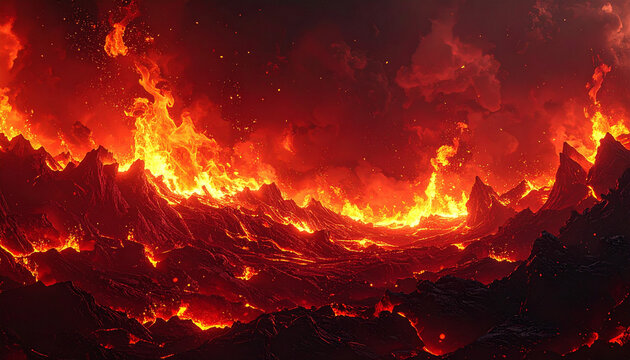 火山の噴火と溶岩が流れる赤い山の風景