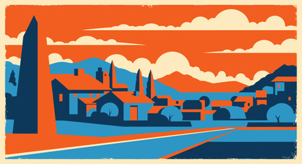 Stylized Village Landscape with Mountains and Obelisk, Retro Color Palette