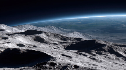 Lunar surface with shadows for planetary science showing cratered terrain and distant planet horizon under dark sky