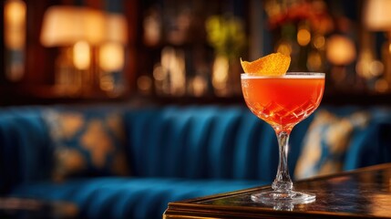 A bright red cocktail is placed on a table in a dimly lit lounge. The drink is garnished with an orange peel and the blue seating adds to the cozy setting