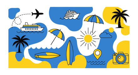 Summer Vacation Travel Icons: Airplane, Cruise Ship, Surfboard, Palm Tree, Sun, Camera