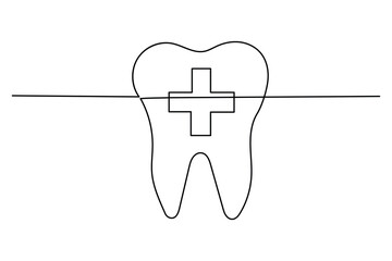 Tooth with a medical cross in the middle in one line drawing style