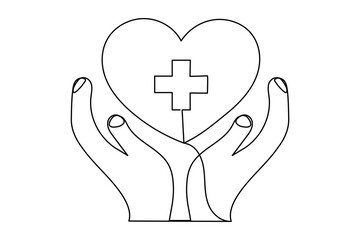 Continuous one line drawing of hands holding a heart with a medical cross symbol