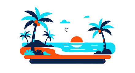 Tropical Beach Sunset Illustration with Palm Trees and Ocean Waves