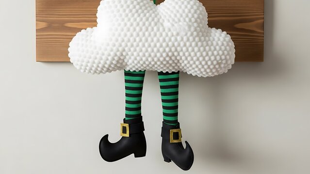Whimsical Cloud Decoration with Elf Legs and Buckled Shoes stockings striped