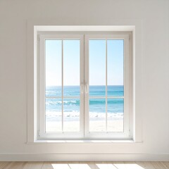 White window overlooking ocean beach