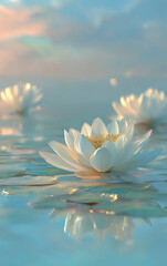 Ethereal White Lotus Flowers Floating on Serene Sunset Pond