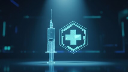 Naklejka premium Futuristic holographic syringe and hexagon health emblem in digital space, medical technology concept, vaccine planning, public health