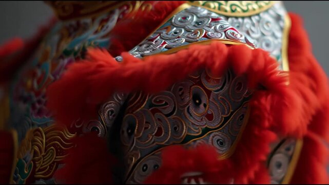 Close-up shot of a vibrant, red, ornate lion dance costume with intricate designs and patterns on a gray background.