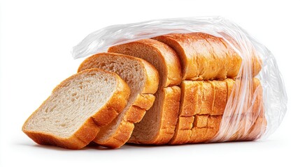 Sliced loaf of fresh bread in a clear plastic bag on a white background