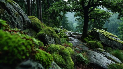 Lush green moss covers rocks and ground in a forest scene