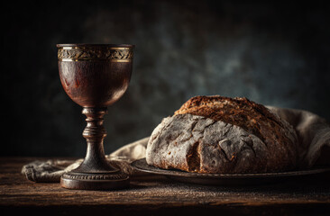 Wooden chalice wine rustic bread still life on table with dramatic moody light