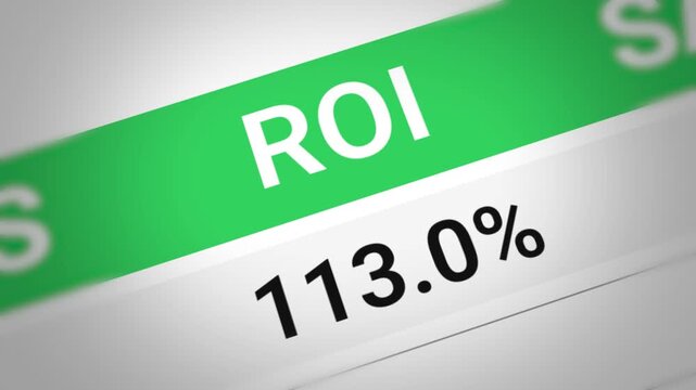 Return on Investment shown with green backdrop and white typography along running numbers 4k animation. Percentage showing high returns in business concept design.
