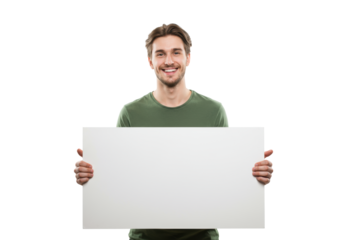 Young caucasian man, early 20s, in green t-shirt, holding blank white sign, smiling warmly at viewer in bright studio. Versatile advertising concept