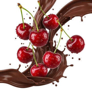 Juicy cherries with rich chocolate splash on black background