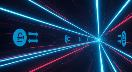 Blue and red neon light tunnel with security icons