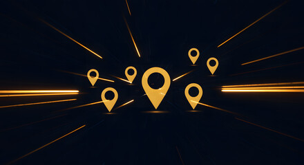 Yellow map pins on dark background with light streaks