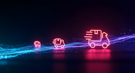 Neon delivery trucks on abstract light trails transportation