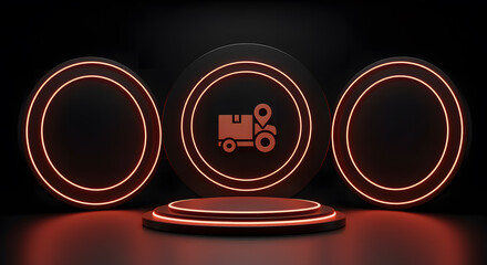 Three dark circles with orange neon rings and delivery truck icon