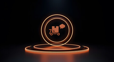 Orange neon delivery cart icon on dark podium speech bubble icon