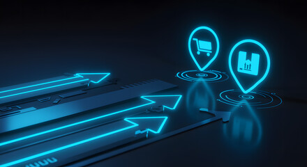 Neon Blue Arrows Pointing Towards Shopping and Delivery Icons