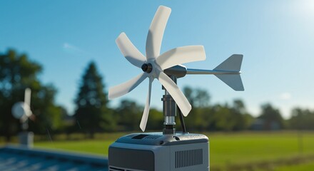 A portable wind turbine is connected to a power unit to generate off-grid electricity for personal use. Concept of a personal wind-powered generator.