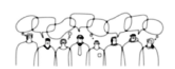 Abstract crowd silhouettes with overlapping speech bubbles in halftone dot style. Symbol of social network and public communication.