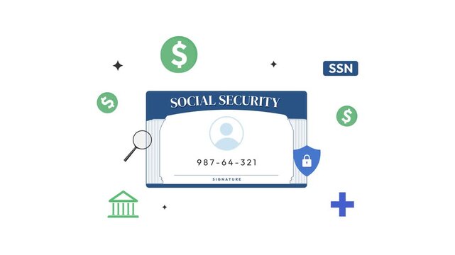 Social Security Card and benefits concept floating with shapes on the white backdrop, 4k animation..