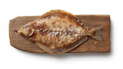 Grilled flounder with salt rests on a rustic wooden board